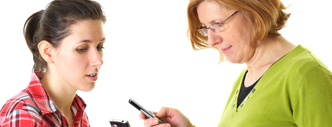 Two women exchanging information