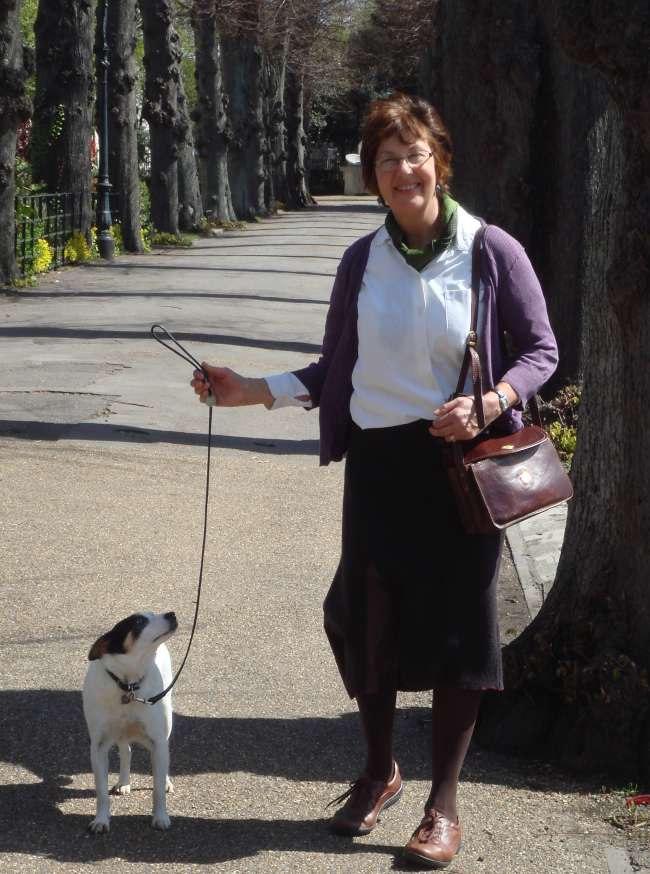 woman with friendly therapy pet dog